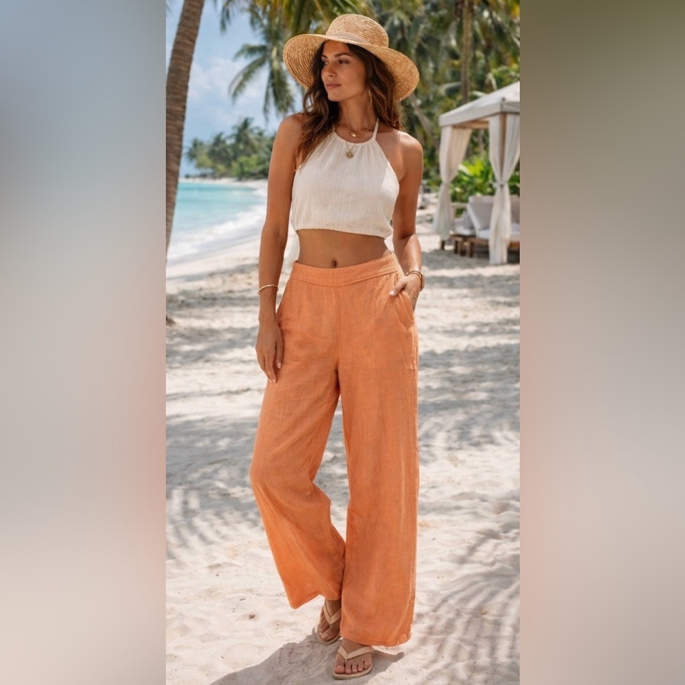 Cynthia Rowley 100% Linen Wide Leg Palazzo Pants Orange High Rise Bohemian Large